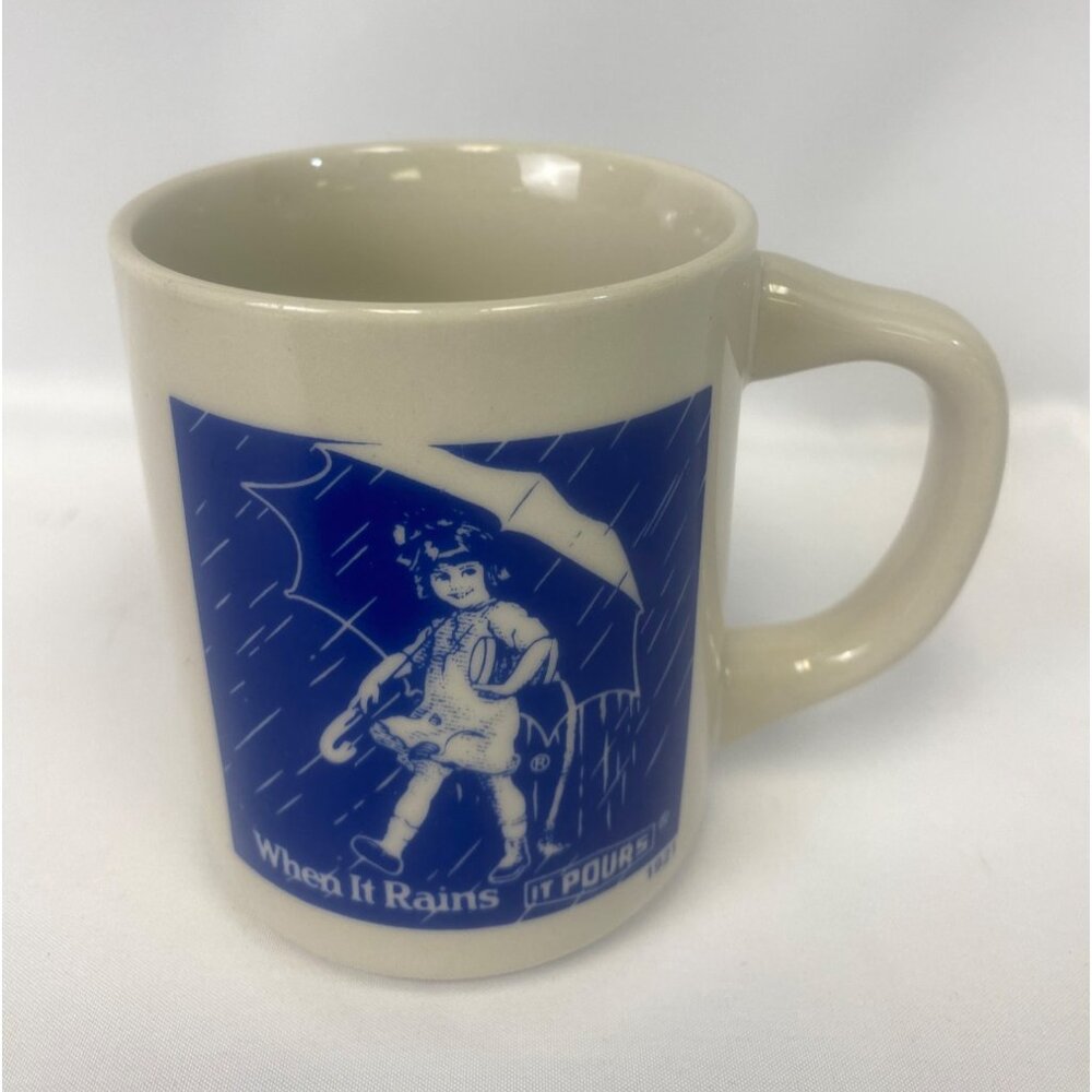 Vtg Morton Salt Girl Coffee Mug Cup Advertising Ceramic - When It Rains It Pours